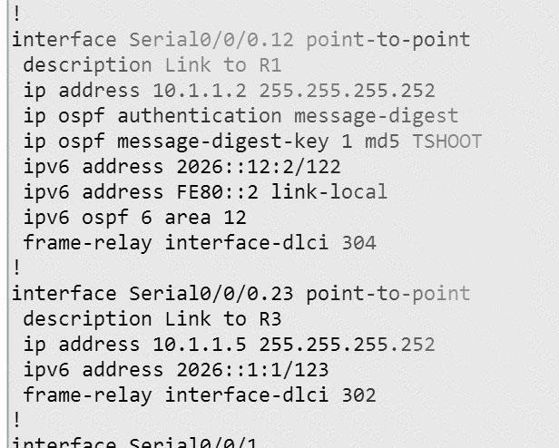 So the problem is with R2, related to IPV6 Routing, and the fix is to enable the "ipv6 ospf 6 area 0"command under the serial 0/0/0.23 interface. NO.