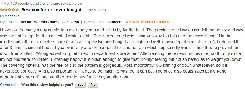 This particular review quickly points out a few great selling points comforter warmth, softness, and filling evenness.