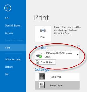 Look at the Printer section to see the printer that is configured with Outlook. 2.