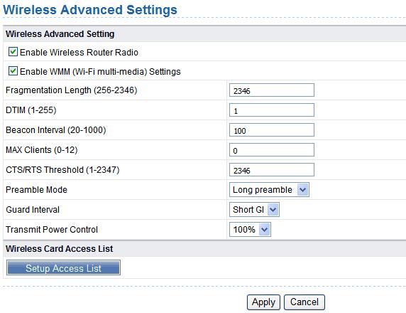 Figure 7-15 Object Enable Wireless Router Radio: Enable WMM (Wi-Fi multi-media) Settings: Fragmentation Length (256-2346): DTIM (1-255): Beacon Interval (20-1000): MAX Clients (0-12): CTS/RTS