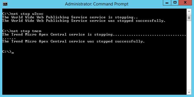Uninstallation Stopping IIS and Apex Central Services from the Command Prompt Procedure Run the following commands at the command prompt: net stop w3svc net stop tmcm Figure 7-1.