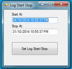 Step 2: Click the Set Log Start/Stop button to set the entered date-times. A visual indication is shown on the status window (see below). 2.4 Configuration Clicking the Configure button opens the Configuration window and loads the form with configuration parameters stored in the logger.