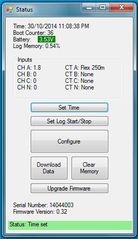 2.1.4 Log Memory Displays the percent of memory utilised. 2.1.5 Input Status For each channel displays the value of the load and the type of current sensor attached. 2.1.6 Serial Number The serial number is a unique number that identifies the unit.