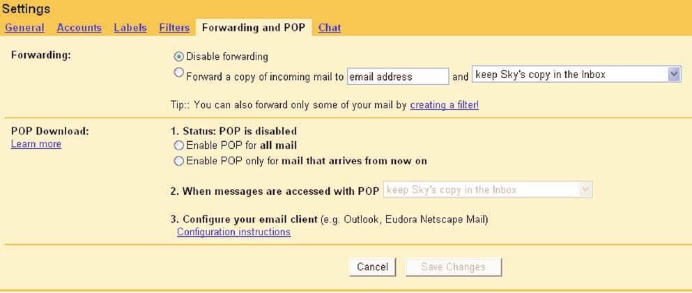 3 4 Step 3 In your Sky Email Inbox, click on Mail Settings to enable POP Download. Step 4 On the settings page select the Forwarding and POP tab.