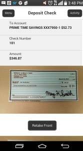 Depositing a check You can use mobile banking to deposit a check into your account using your mobile device's camera.