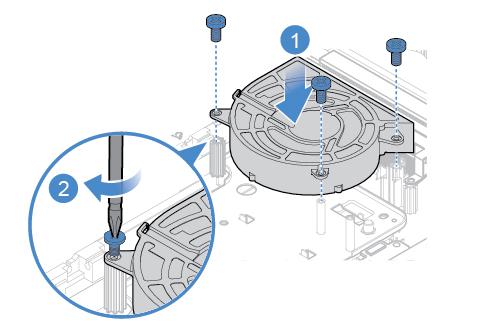 3. Disconnect the system fan cable from the system board. 4. Replace the system fan. Figure 66. Removing the system fan Figure 67. Installing the system fan 5.