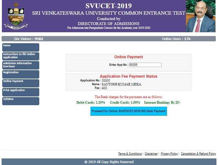 19.Now enter your application no as shown in the above picture. 20.Now click on Proceed For Online SVUPGCET-2019 Bill Desk Payment button to pay application fees. 21.