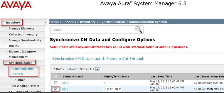 6.11. Synchronize Avaya Aura Communication Manager Data To synchronize the Communication Manager Data with Session Manager go to the Home screen and under the Elements column select Inventory.