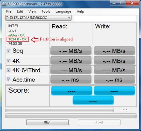 Using AS SSD Benchmark viewing partition is aligned Using AS SSD Benchmark to check vendor AHCI Drive is installed 2.4.
