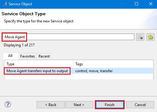 5. In the filter field, type Move Agent, select Move Agent under Type, and then click Finish.