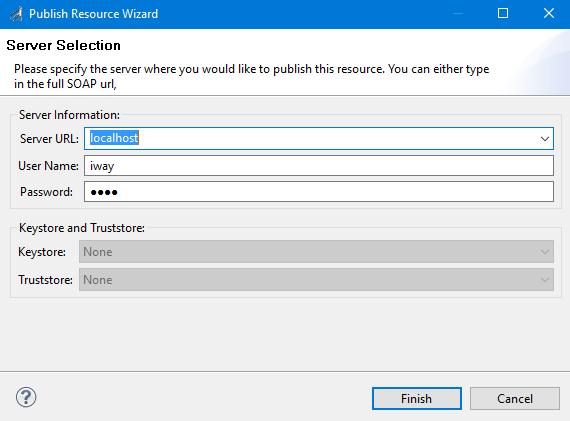 The Publish Resource Wizard dialog opens, as shown in the following image. 23. Specify your server information (your ism instance) and click Finish.