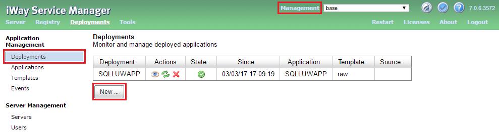 At the top of the console, click the Management link, then click Deployments under