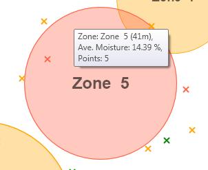 Section 4. Viewing Data Zones are shown to scale on the map. The relative sizes of the zones match the diameters chosen on the HydroSense II.
