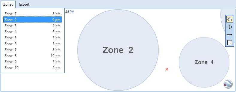 4-1). The Zones list menu can be found at the upper-left of the Map tab. This menu lists the zones stored on the HydroSense II with the number of points in each zone.
