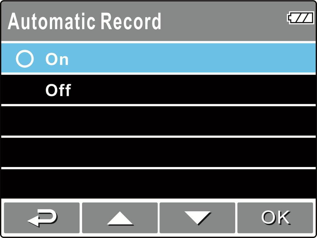 2.6 Initial Settings Before using the camcorder, we recommend you to enable the Automatic Record function and set up the correct date and time. 2.6.1 Set Automatic Recording To enable the recording to start automatically after you turn on the power, do the following: 1.