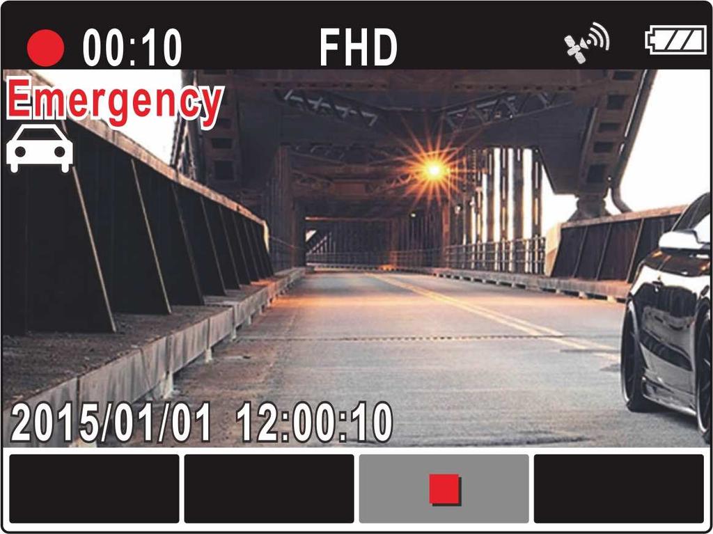 3.1.6 Emergency Recording During Video Recording, press the button to enter emergency recording mode, the Emergency message will be shown immediately on the upper left corner of the screen, and the