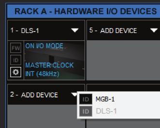 master device is indicated by its blue color and the icon text: On, Master Clock, INT (48 khz). To add another SoundGrid device, click on the arrow in an empty rack slot.