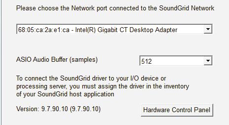 Pressing the Hardware Control Panel button on the Driver Control Panel app will open the control panels of all I/O devices assigned to your SoundGrid application.