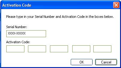 Click the Register button. A registration dialog appears allowing you to enter your Serial Number and Activation Code.