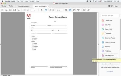 Creating a Fillable PDF Form To create a PDF form open the document that you would like to make fillable and: 1. Go to the Tools pane (on the right side of the screen) and click Prepare Form.