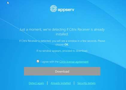 New Citrix Receiver Installation: If the Citrix Receiver software is not already installed on your device, you will receive the following prompts Click I agree and then Download to start the download