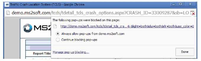 If the window does not open, check to make you re your browser is not blocking pop-ups. You will need to allow pop-ups from this page in order to view the Collision Diagram, as shown below.