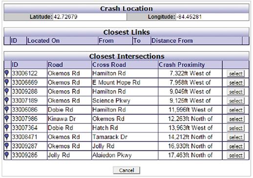 This interface lists several of the intersections (Study Locations) or links that are closest to the crash location.