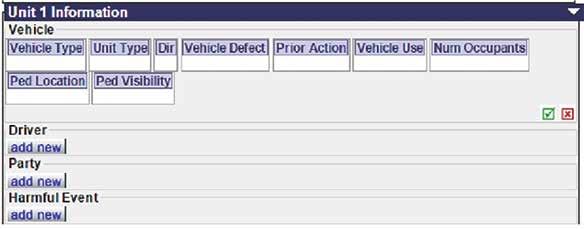 10. The Unit fields turn editable and you can select the information appropriate to this unit (e.g., Vehicle type, Number of Occupants, Direction of travel, etc.