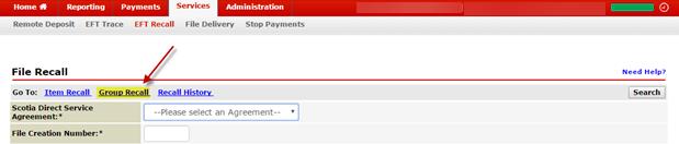 Recalling a Group of Payments To recall a group of EFT payments, select the Services tab then select Group