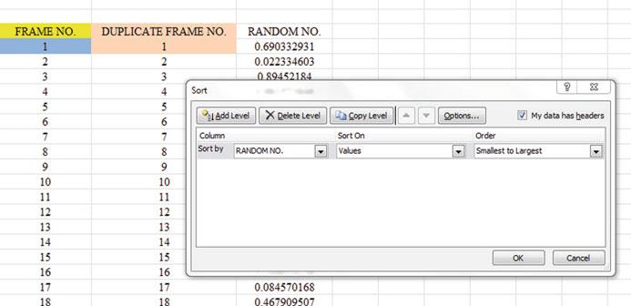 2.3 Sorting Frame Numbers into a Random Sequence 27 Smallest to Largest (see Fig. 2.7) Sort by: RANDOM NO. (click on the down arrow) Fig. 2.7 Dialog Box for Data/Sort/RANDOM NO.