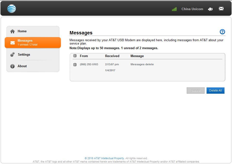 Messages You can view SMS messages on the AT&T USB Modem configuration page. To view or delete messages: 1. Launch the Internet browser and enter http://192.168.1.1 or http://attusbmodem/ in the address bar.