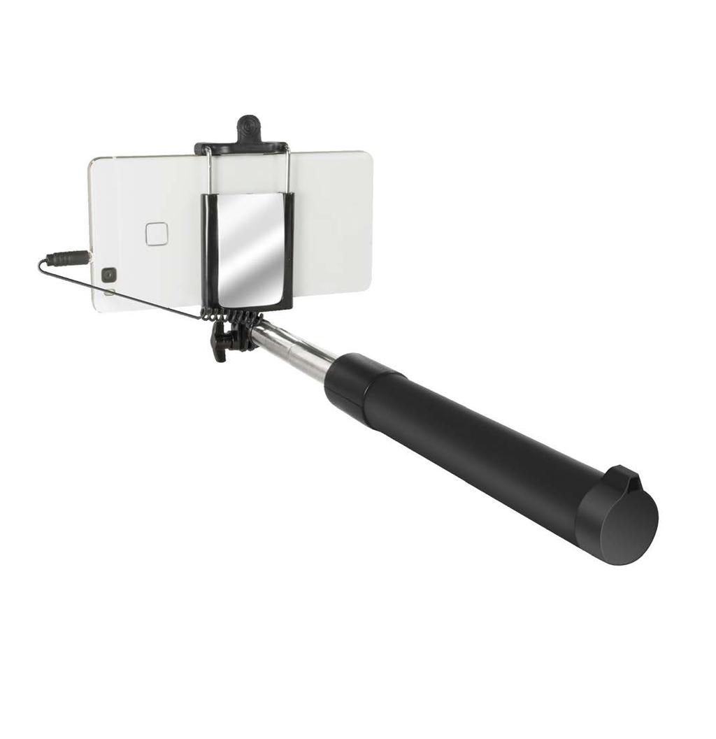 luxury selfie stick with mirror stainless steel 3.5mm jack plug extendable up to 78 cm 55-75 mm adjustable thickness HOSELMI35BK 8432471140046 y Material: Stainless steel and ABS.
