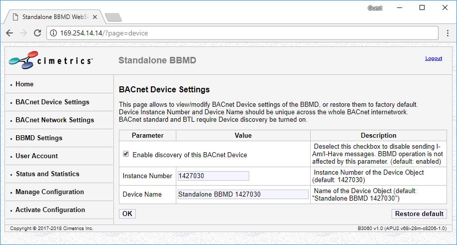 2. BACnet Device Settings This page allows you to view/modify BACnet Device settings of the BBMD.