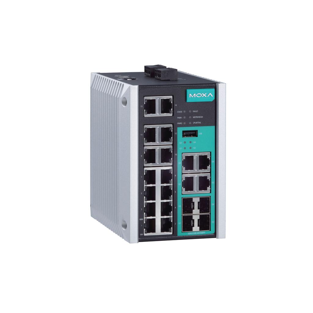 EDS-518E Series 14+4G-port Gigabit managed Ethernet switches Features and Benefits 4 Gigabit plus 14 fast Ethernet ports for copper and fiber Turbo Ring and Turbo Chain (recovery time < 20 ms @ 250