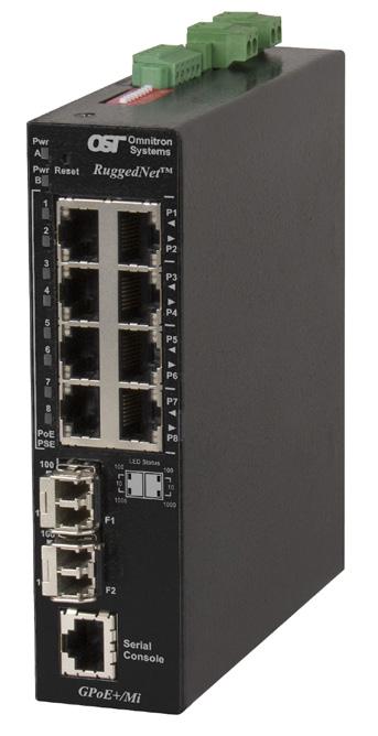 The RuggedNet switch enables network distance extension with fiber cabling and provides full PoE+ power simultaneously to all RJ-45 ports.