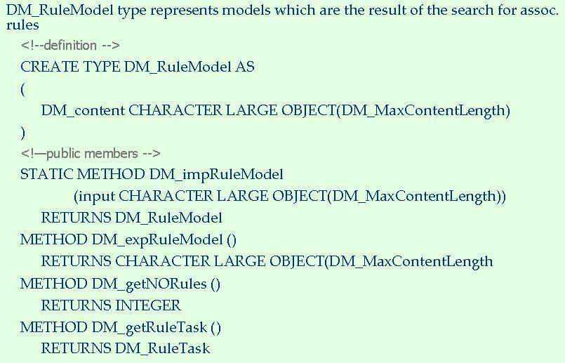 Figure 11: SQL/MM - DM example regarding association rules (depicted from [4]) Data Mining Engine (DME) DME provides the infrastructure that offers a set of data mining services to its API clients.