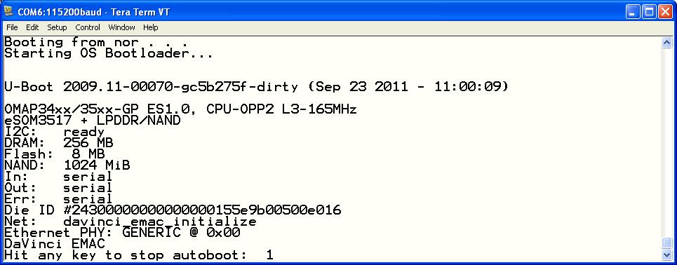 2.6 Power-up esom/3517 with RCM enabled The esom/3517 boot sequence with RCM enabled is similar to the boot procedure with RCM disabled. Only the first step is different: 1.