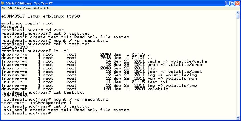 2.7 esom/3517 Linux File System After booting the esom/sk5 all directories in the root file system are read-only.