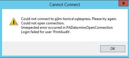 3. Windows Services Cannot Connect Error This is a generic SQL Server generated error indicating a problem connecting to the Print Audit database with the user s account.
