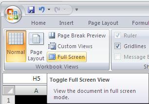 For example, you can use Full Screen view to display as much of an annual worksheet as possible, without changing the magnification. 1. To change to Full Screen view, first click the View tab. 2.