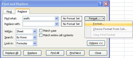 You can use the Replace dialog box to find and replace the cell formatting as well as text and number formatting.