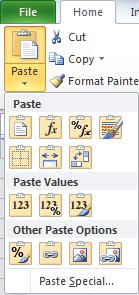 Select the upper, left corner of the paste range. 6. In the Clipboard group, click the Paste button arrow. 7. Select the Formulas command 8. The result displays values with formulas.