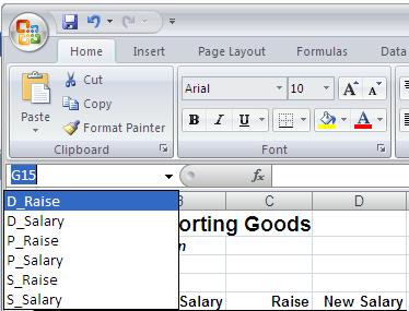 Using Range Names 1. To view, or select, range name(s) in a workbook, click the Name Box arrow (at the left hand end of the formula bar) to see the list of names in use. 2.