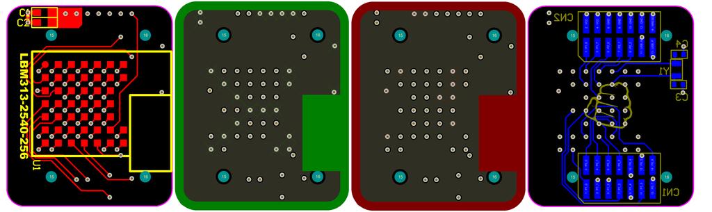 7.5.2 Recommended layout Figure 10: LBM313 Adapter Board: Signal (top), GND (mid 1), PWR (mid 2), Signal (bottom) 8 Soldering Recommendations Escape vias located under the module should be covered