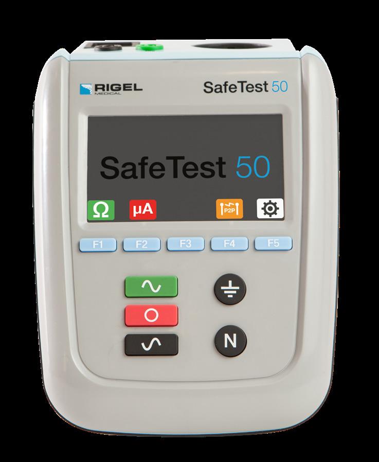 Light, handheld, universal AC input voltage Tests to NFPA-99 Large color display Secondary ground warning Patient lead testing SafeTest 50 A cost-effective medical safety analyzer for general