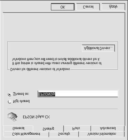 3. Select Shared as (Windows 2000) or Share this printer (Windows XP), then type a name for the shared printer. Note: Do not use spaces or hyphens in the shared printer name.