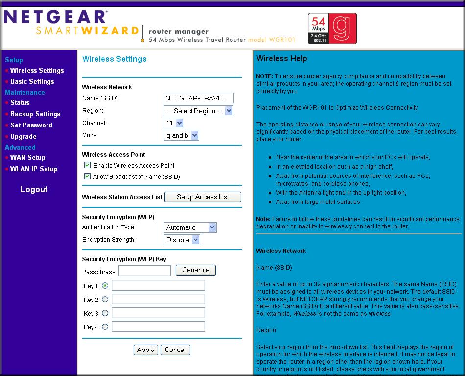 When prompted, enter admin for the router user name and password for the router password, both in lower case letters. The WGR101 wireless travel router and display the home page as shown in below.