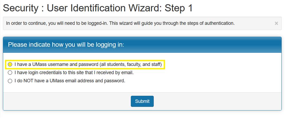3. At the login screen, select the first option: I have a UMass username