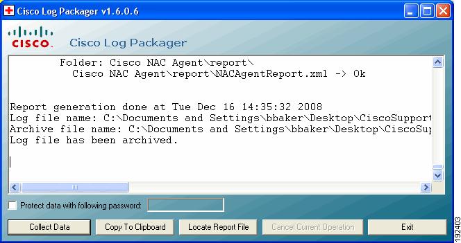Create Agent Log Files Using the Cisco Log Packager Step 2 Click Collect Data and wait for the Cisco Log Packager to complete compiling the Agent log information.