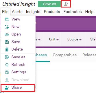 29 3.8 Share After you have saved your insight, you may share it with other users within the same organization. Click on the SHARE button on the upper left menu or under File menu tab.